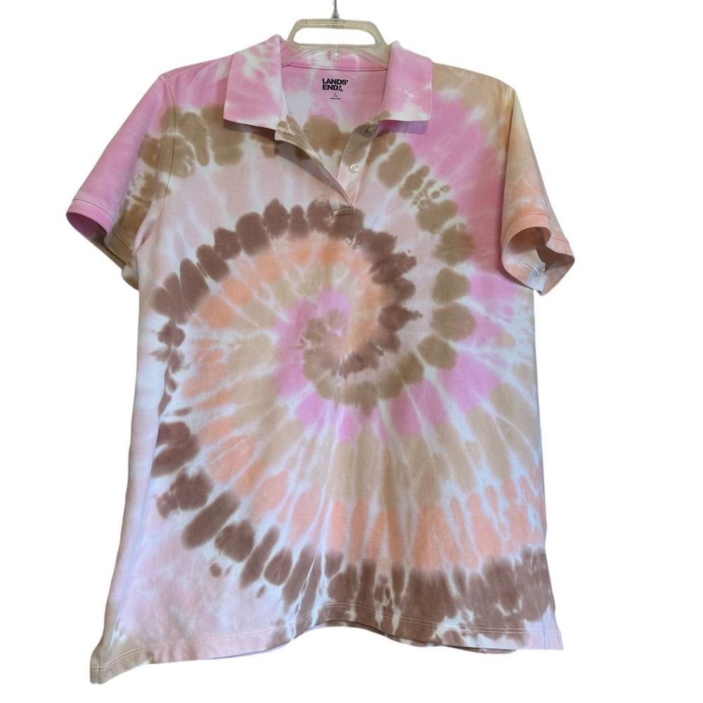 Lands End Pastel Petal‎ Pink Tye Dye Polo Top Large 14-16 Short Sleeve